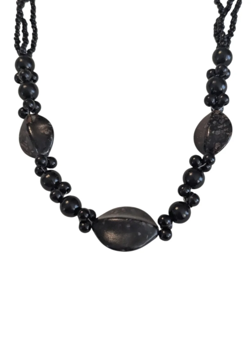 VTG Artisan Black & Black Brown Marbized Beaded Silver Tone Adjustable Necklace
